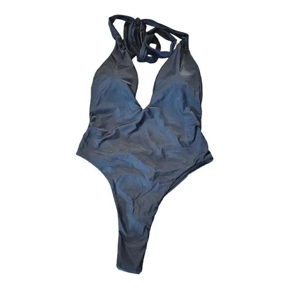 Lilosy Womens Black Halter Deep V-Neck Wrap Tie Waist One-Piece Swimsuit Size L - Picture 12 of 14